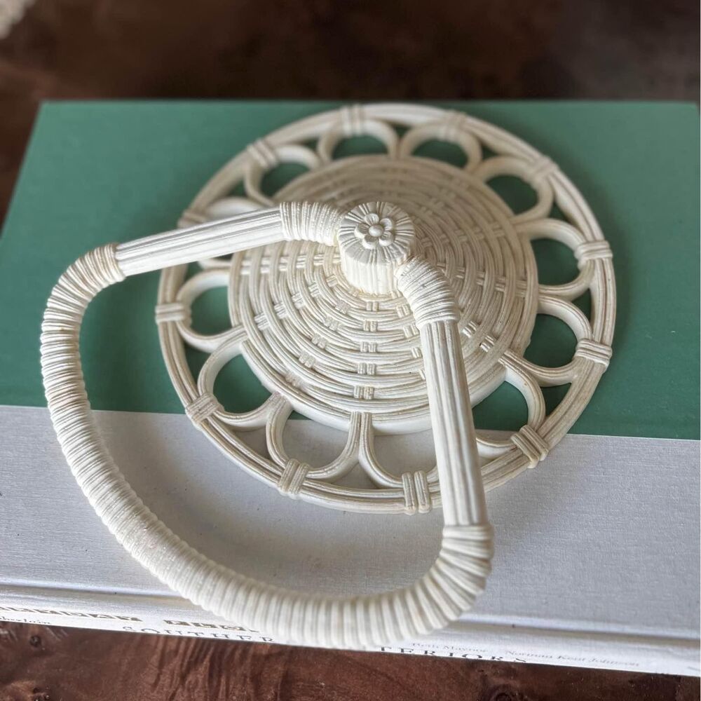 Vintage White Wicker Resin Homco Towel Ring Holder Mid Century